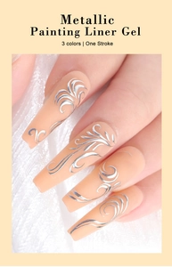 Macro detail of silver metallic liner gel on nails showing professional painting texture