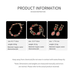 Detailed size and material chart for vintage floral portrait jewelry set in copper and acrylic