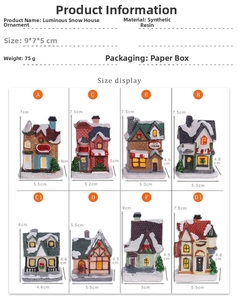 Detailed size chart for resin Christmas LED house ornaments with various dimensions