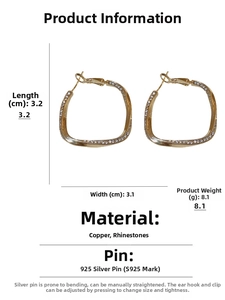 Detail view of twisted square hoop earrings with dimensions 3.2cm length and 8.1g weight