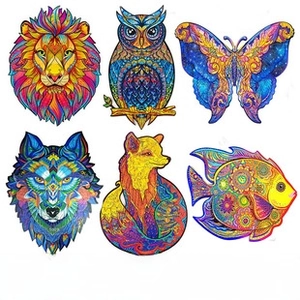 Detailed grid showing six colorful mandala-style animal art puzzles on white background