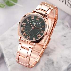Fashion rose gold steel watch with deep green sunburst dial and Roman numerals