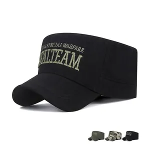 Men Cotton Cadet Cap Adjustable Military Tactical Flat Top Hat Outdoor Sun Protection Breathable Embroidered