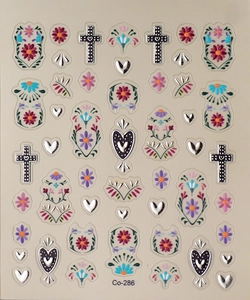 Detail of bohemian floral nail stickers with silver hearts and cross patterns Co-286
