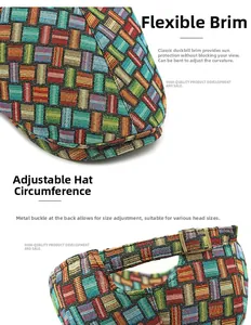 Detail of adjustable metal buckle and shaped brim on colorful patchwork newsboy cap