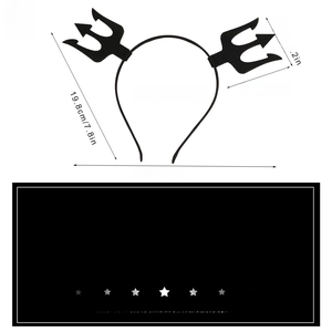 Detail view of black trident devil horn headband with dimensions and alloy fabric materials