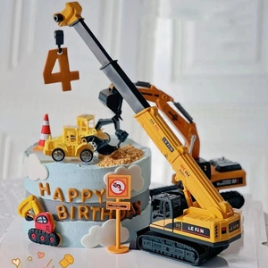 Construction Vehicle Cake Topper Birthday Decoration Plastic Excavator Crane Bulldozer Model Toys Traffic Signs Boys
