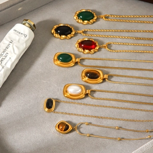 French vintage stainless steel gold necklaces with various semi-precious stone pendants
