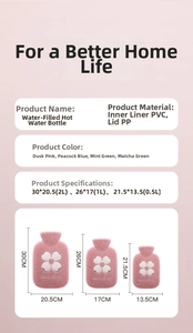 Guide des tailles détaillé pour bouillottes PVC montrant les dimensions 0.5L, 1L et 2L