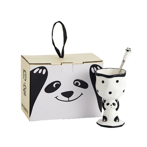 Creative hand-painted panda ceramic cup set with matching spoon and gift box packaging