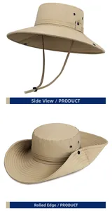 Detail of beige outdoor sun hat showing adjustable drawstring and foldable brim design