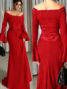 Front and back view of red off-the-shoulder mermaid party dress with flared bell sleeves