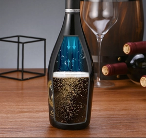 Cross-section view of a wine bottle with bubbling sparkling drink and foam detail