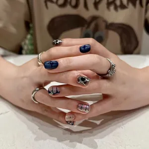 Handmade Press On Nails Star Pattern Metal Mirror Evil Eye Design Luxury 3D Blue Silver Y2K Style Women