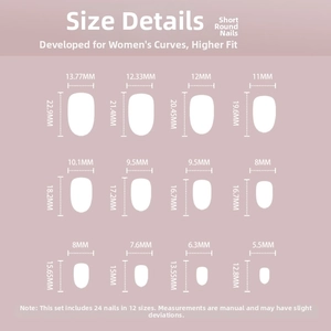 Tableau des tailles détaillé pour ongles courts arrondis avec 12 dimensions précises