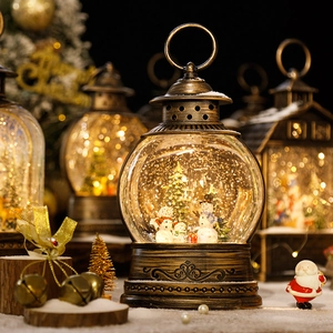 Vintage Christmas lantern music box with snowman, tree, and swirling snow effect