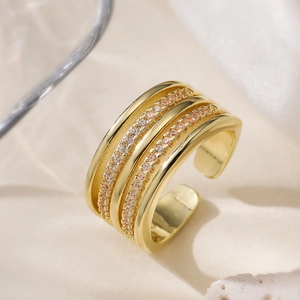 Minimalist Copper Double Row Rhinestone Wide Geometric Open Ring Gold Adjustable Fashion Finger Jewelry For Women Accessories
