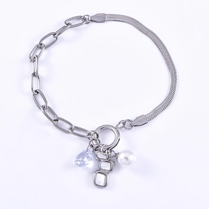Detail of silver toggle clasp bracelet with pearl and waterdrop crystal charms