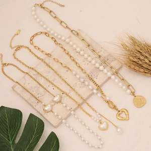 Heart Pendant Necklace With Imitation Artificial Pearls Stainless Steel Gold Plated Link Chain For Women Elegant Jewelry