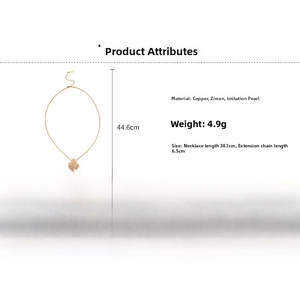 Detail view of gold-plated flower necklace with zircons and pearl showing dimensions