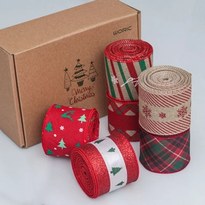 Christmas burlap ribbon set with reindeer and snowflake patterns in a gift box