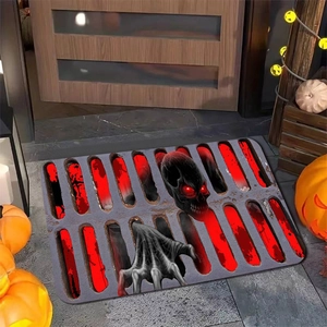 3D Halloween bath mat featuring a spooky black skull and skeleton hands design