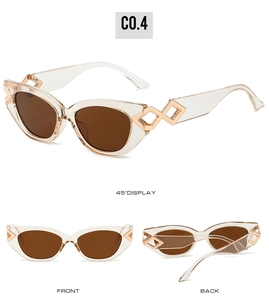 Cat-Eye-Sonnenbrille mit champagnerfarbenem Rahmen und goldenem Bügeldetail in 3 Ansichten