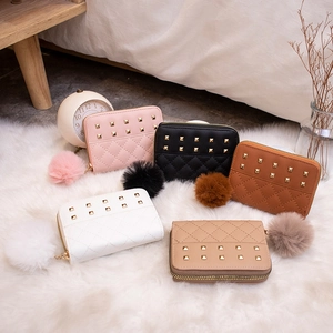 Women Small Wallet PU Leather Quilted Gold Rivet Coin Purse Zipper Card Holder With Plush Ball Charm Fashion Handbag