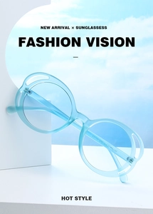 Detail view of oval light blue sunglasses with model specs on the inner temple arm