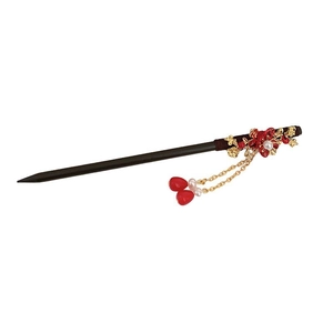Black wooden floral hair pin with red flower and white pearl in retro Chinese style