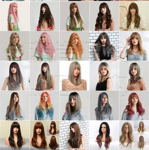 Collection of long synthetic hair wigs in various gradient colors and straight styles