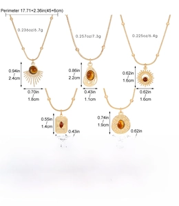 Detailed spec sheet showing five gold-tone alloy necklaces with amber resin pendants