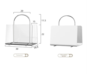 Detailed dimensions of acrylic magazine rack with metal handle and two color options