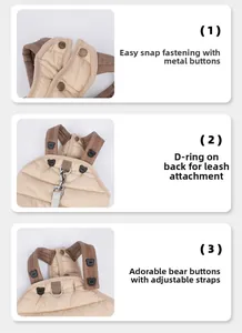 Detail view of khaki quilted pet vest with metal buckles, D-ring, and cute bear buttons