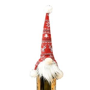 Christmas gnome wine bottle cover with red knitted hat and white snowflake reindeer pattern