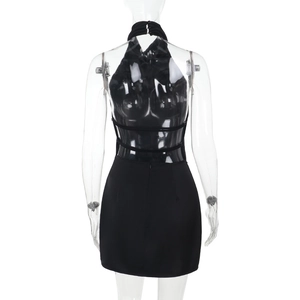 Detail view of backless halter mini dress with sleek black bodycon fit on mannequin