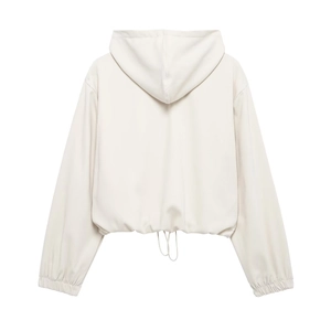 Detail view of cream hooded jacket featuring adjustable drawstring hem and elastic cuffs