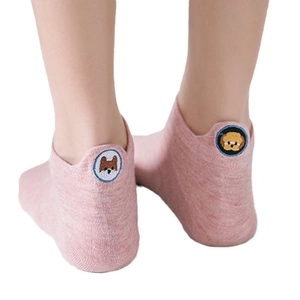 Pink low-cut socks for women featuring a cute cartoon dog embroidery on the heel