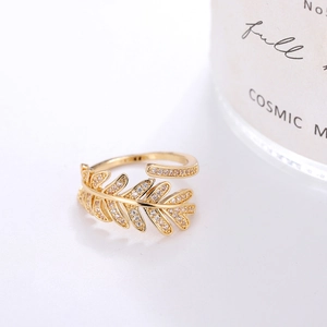 Elegant 18K gold plated olive leaf open ring with sparkling cubic zirconia accents