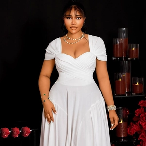 Elegant white V-neck pleated A-line maxi dress with short sleeves for formal parties
