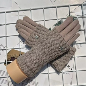 Winter light brown knit gloves for women featuring elegant rhinestone flower accents