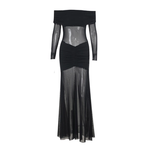 Elegant black off-shoulder mesh long sleeve evening dress with floor-length silhouette