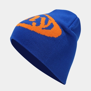 Royal blue knitted beanie with orange jacquard pattern for autumn winter warmth