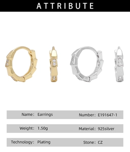 Detailed specs of S925 silver bamboo zircon studs with 1.50g weight and gold plating