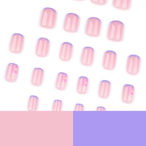 Short square purple French press-on nails with white and pink daisy flower patterns