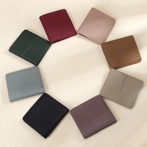 Slim RFID genuine leather wallets for women in eight colors arranged in a circular layout