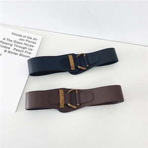 Detail of wide elastic waist belts in navy blue and dark brown with metal buckles