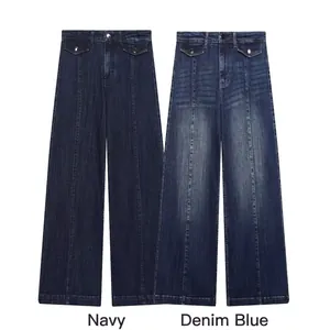 Jeans Da Donna A Vita Alta A Gamba Larga Pantaloni In Denim Con Tasche Anteriori A Patta E Dettagli Cucitura Verticale Retro