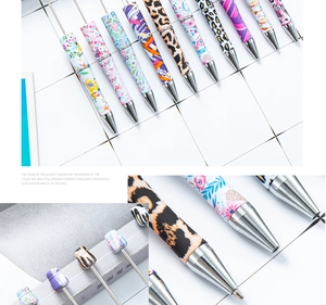 DIY Beaded Ballpoint Pens Set Water Transfer Printing Floral Plastic Pens Wholesale