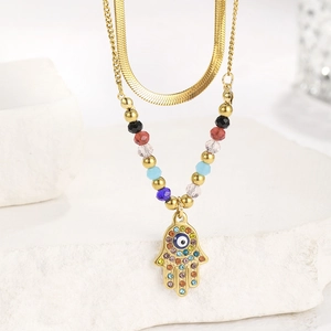 Double-layer gold Hamsa Hand necklace with colorful beads and crystal evil eye pendant